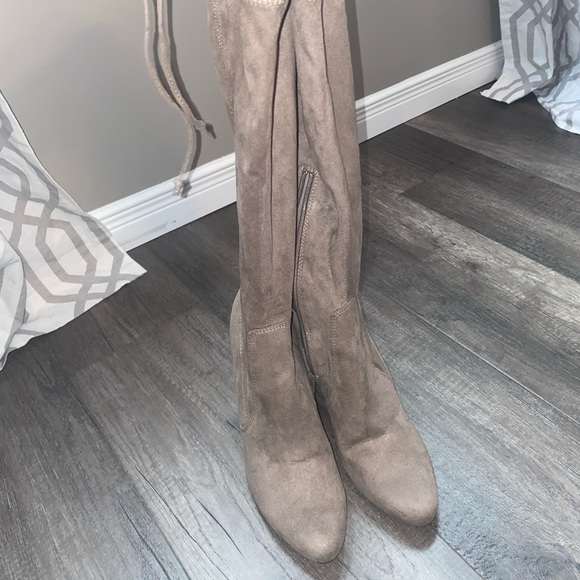 Beige Faux Suede Heel Knee High Boots - Picture 2 of 6